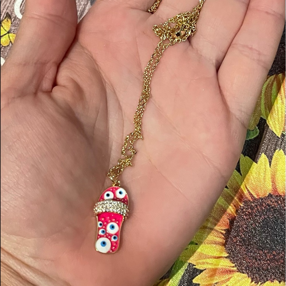 NEW 14k Pink Evil Eye Sandal Necklace - Picture 2 of 3
